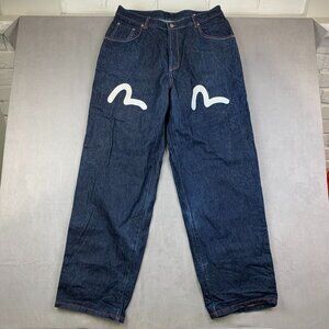Evisu Mens Pants 36 Blue Denim Jeans Taper Wide Leg Baggy Seagull Print Pockets